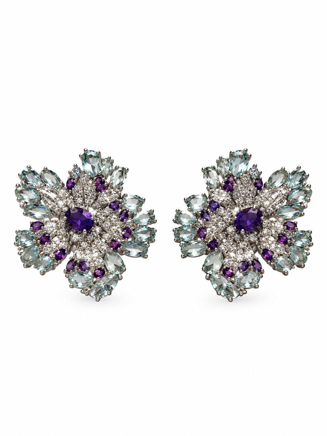 Iris Garden Purple Aqua Diamond Flower Earrings