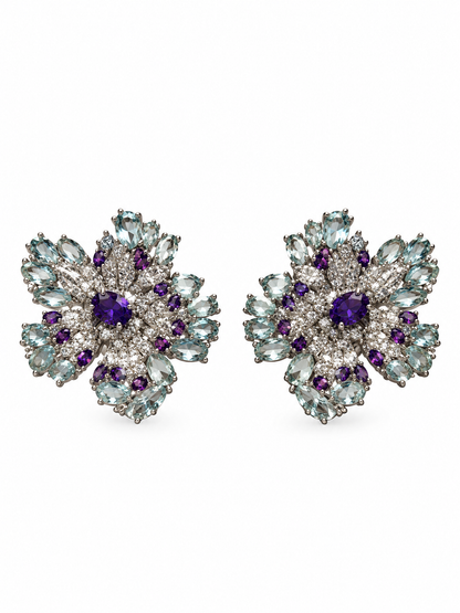 Iris Garden Purple Aqua Diamond Flower Earrings