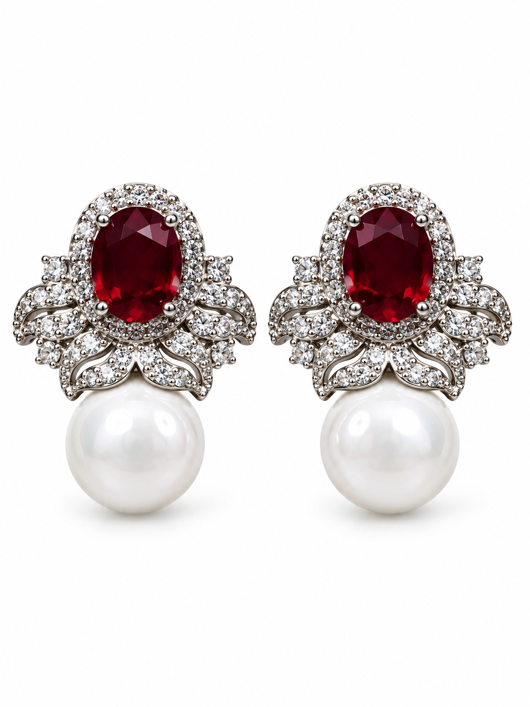 Rouge Perle Ruby Red Oval Stone and Pearl Earrings