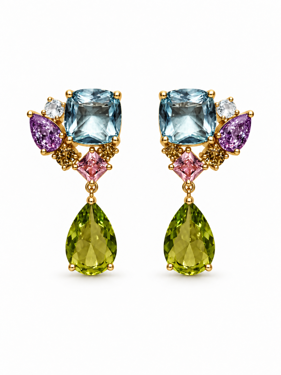 Garden Pastel Diamond Earrings with Olive Green Drop
