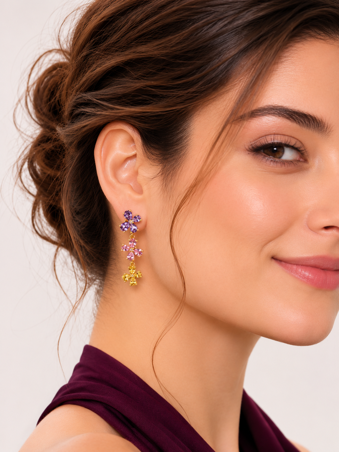 Triple Bloom Multicolor Diamond Flower Drop Earrings