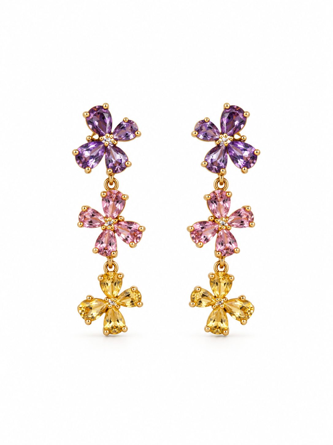 Triple Bloom Multicolor Diamond Flower Drop Earrings