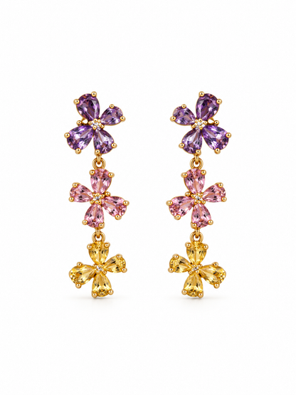 Triple Bloom Multicolor Diamond Flower Drop Earrings