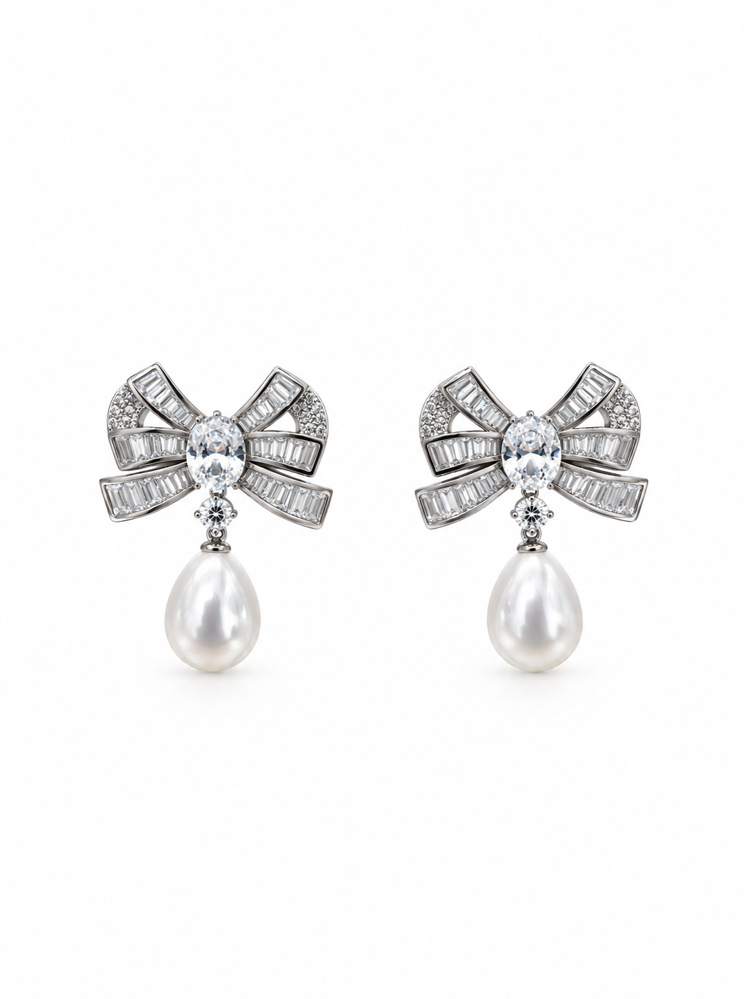 Bow Perle Teardrop Pearl and Diamond Ribbon Earrings