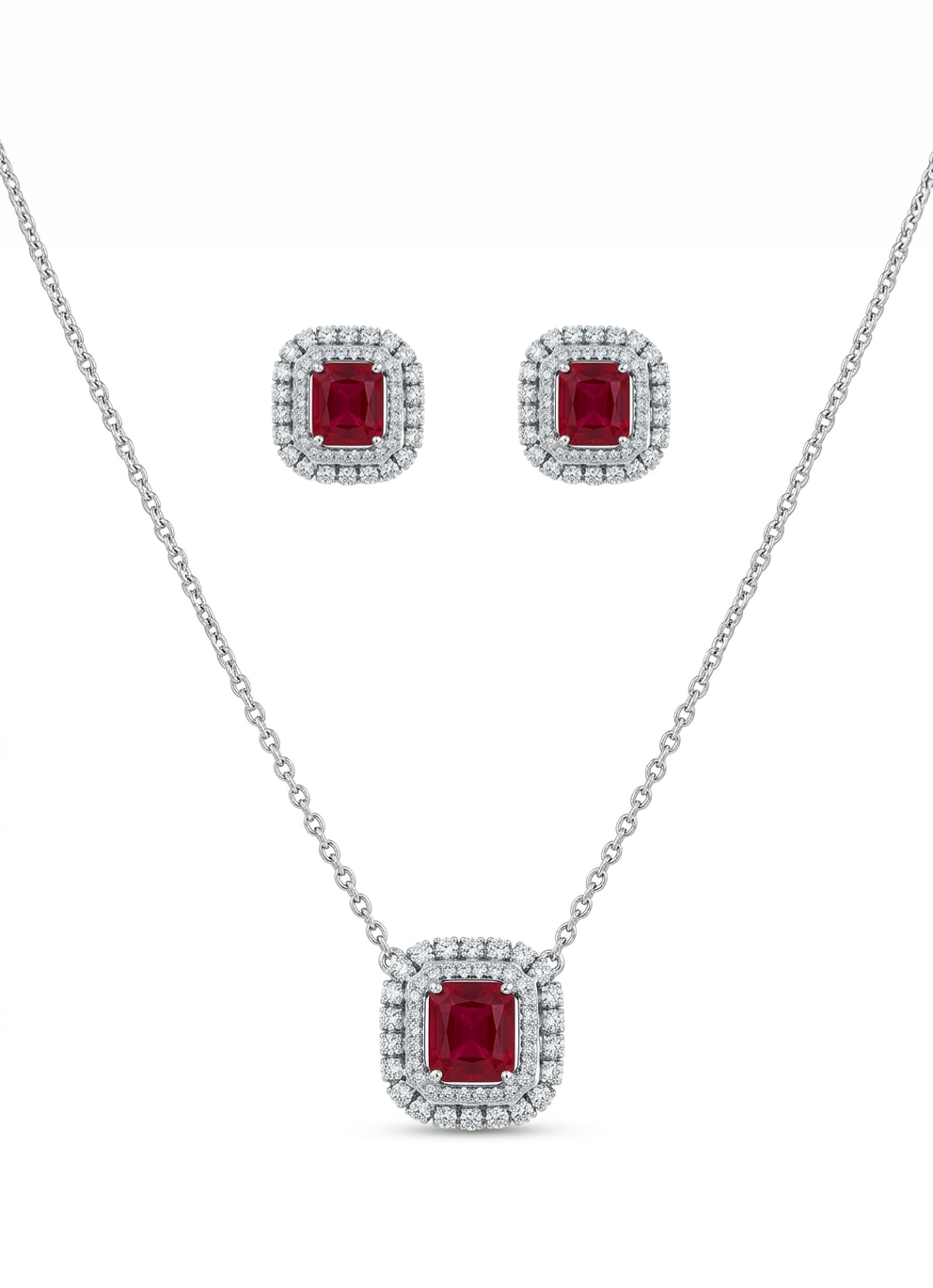 Ruby Cushion Halo Necklace Set
