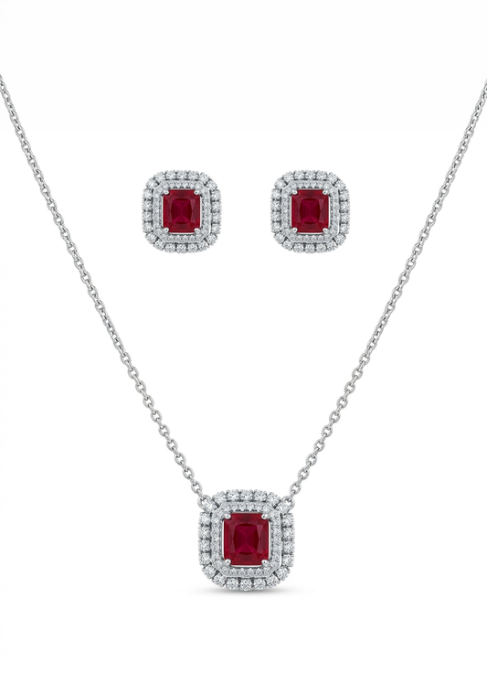 Ruby Cushion Halo Necklace Set