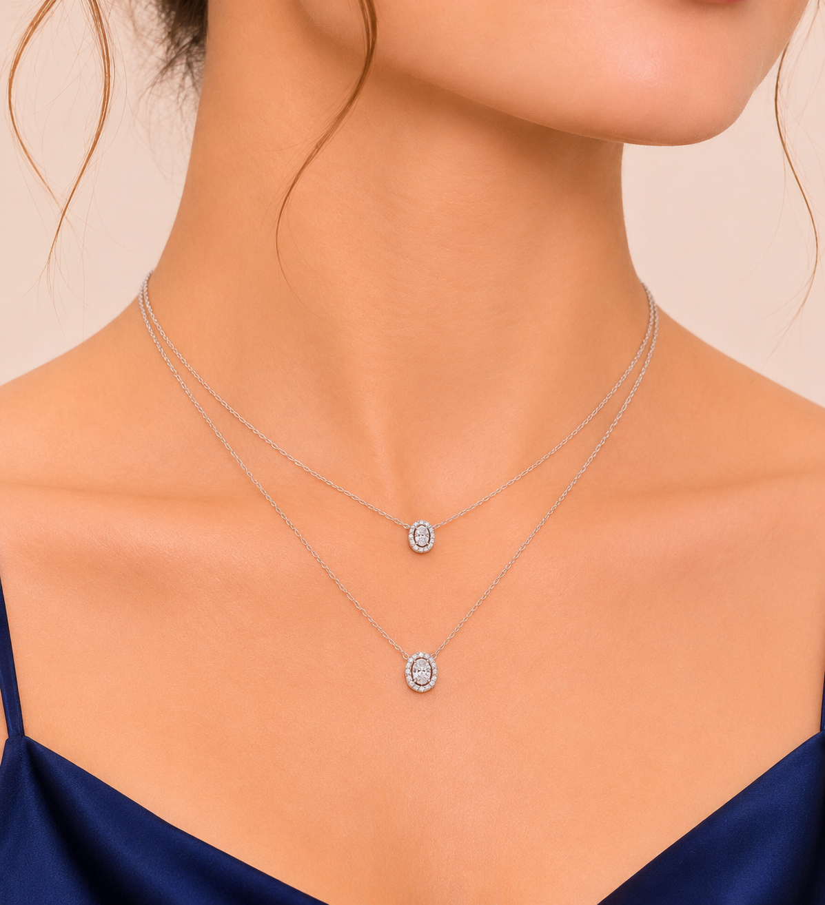 Twin Glow Layered Chain Necklace Set with Oval Sparkling Pendants