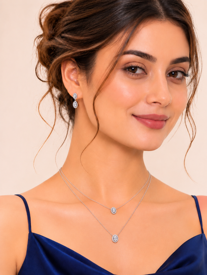 Twin Glow Layered Chain Necklace Set with Oval Sparkling Pendants