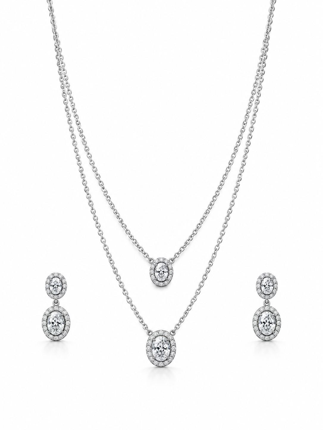 Twin Glow Layered Chain Necklace Set with Oval Sparkling Pendants