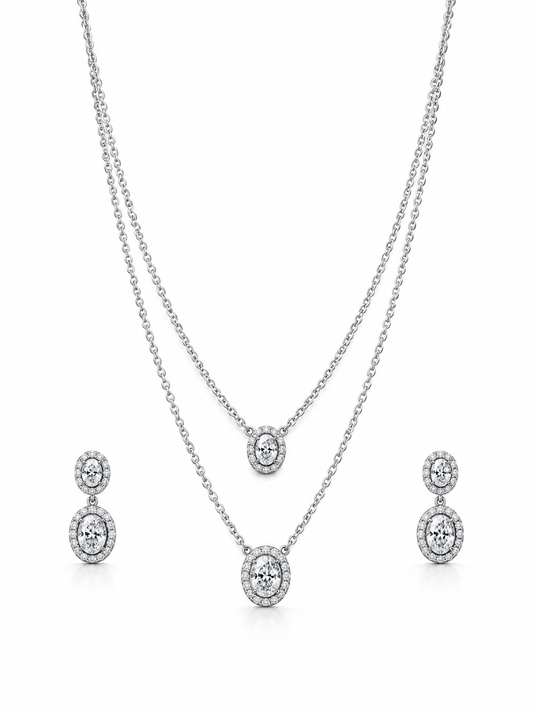 Twin Glow Layered Chain Necklace Set with Oval Sparkling Pendants