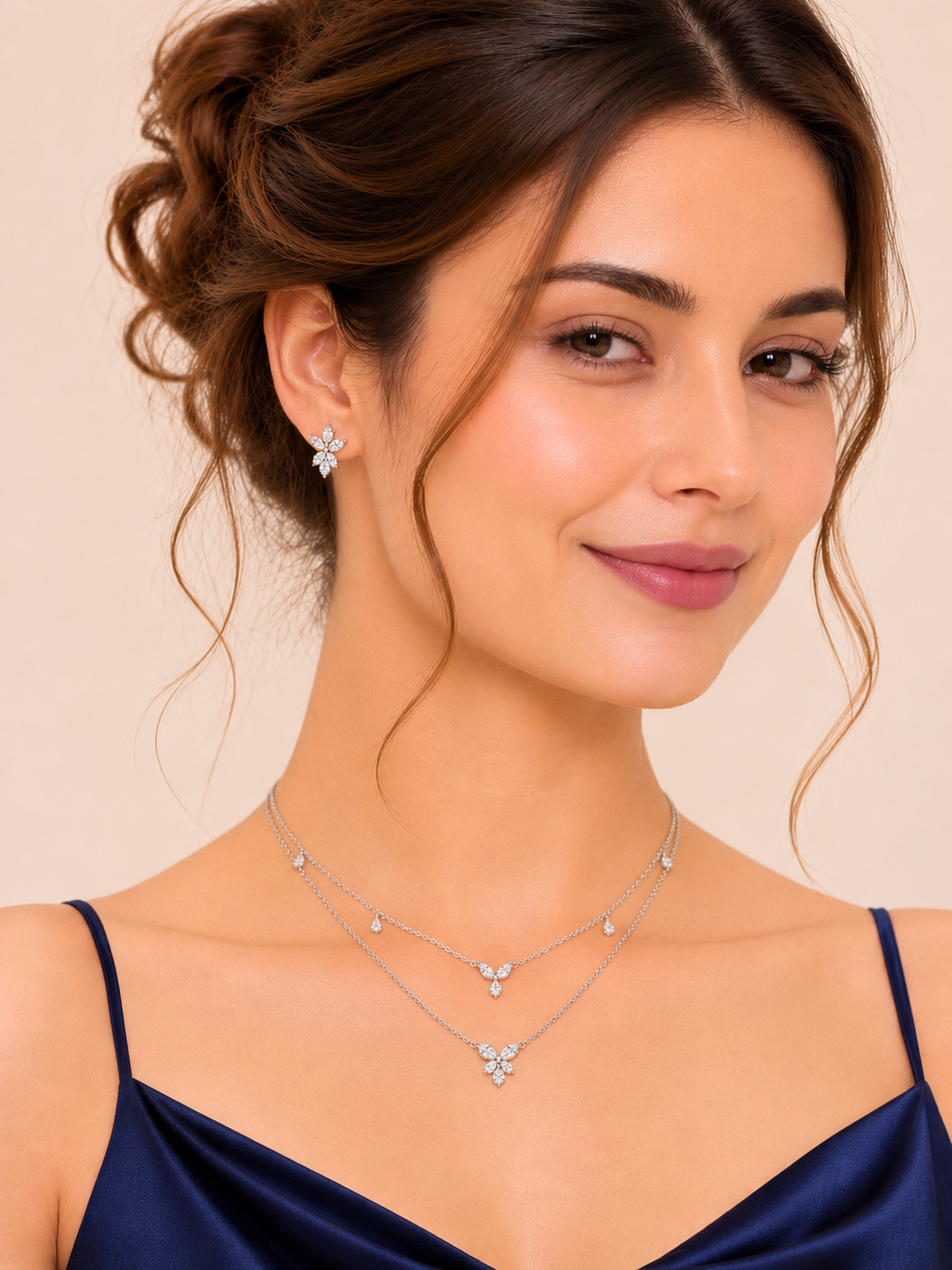 Petal Drift Layered Chain Necklace Set with Sparkling Flower Studs