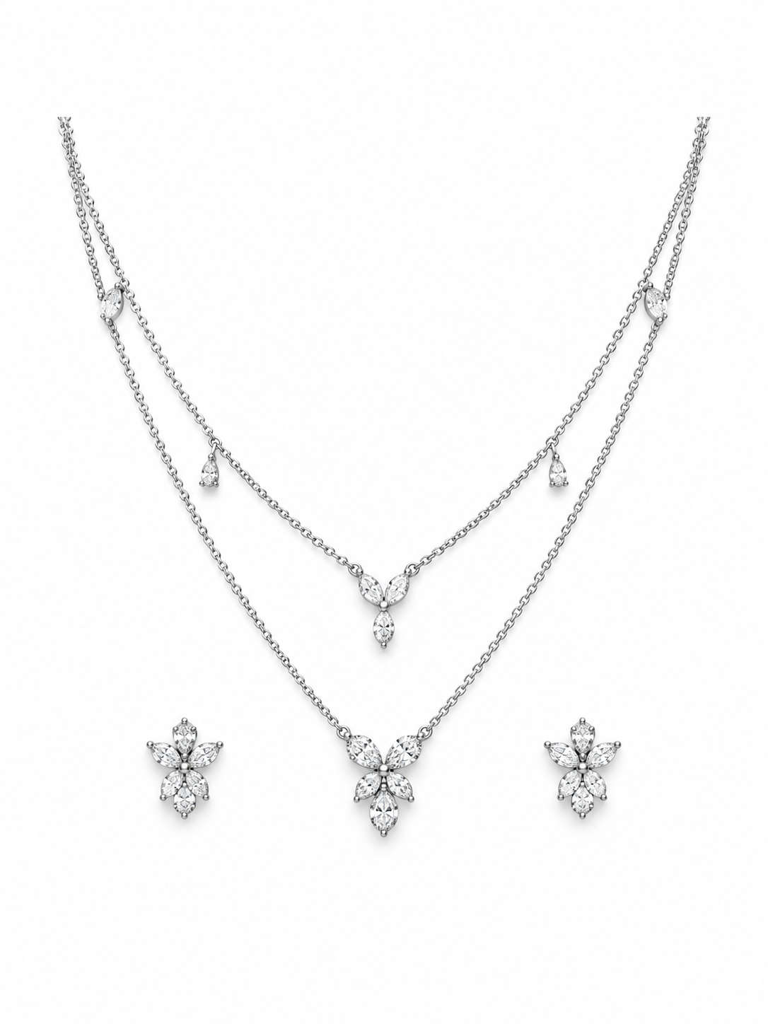 Petal Drift Layered Chain Necklace Set with Sparkling Flower Studs