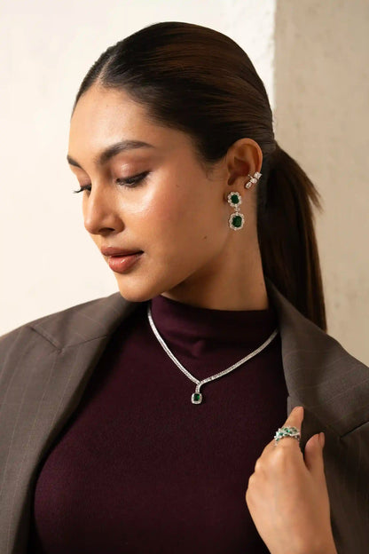 Statement Tiramisu Jewellery emerald chandelier earrings with fluid movement and radiant diamond accents in rhodium-plated finish
