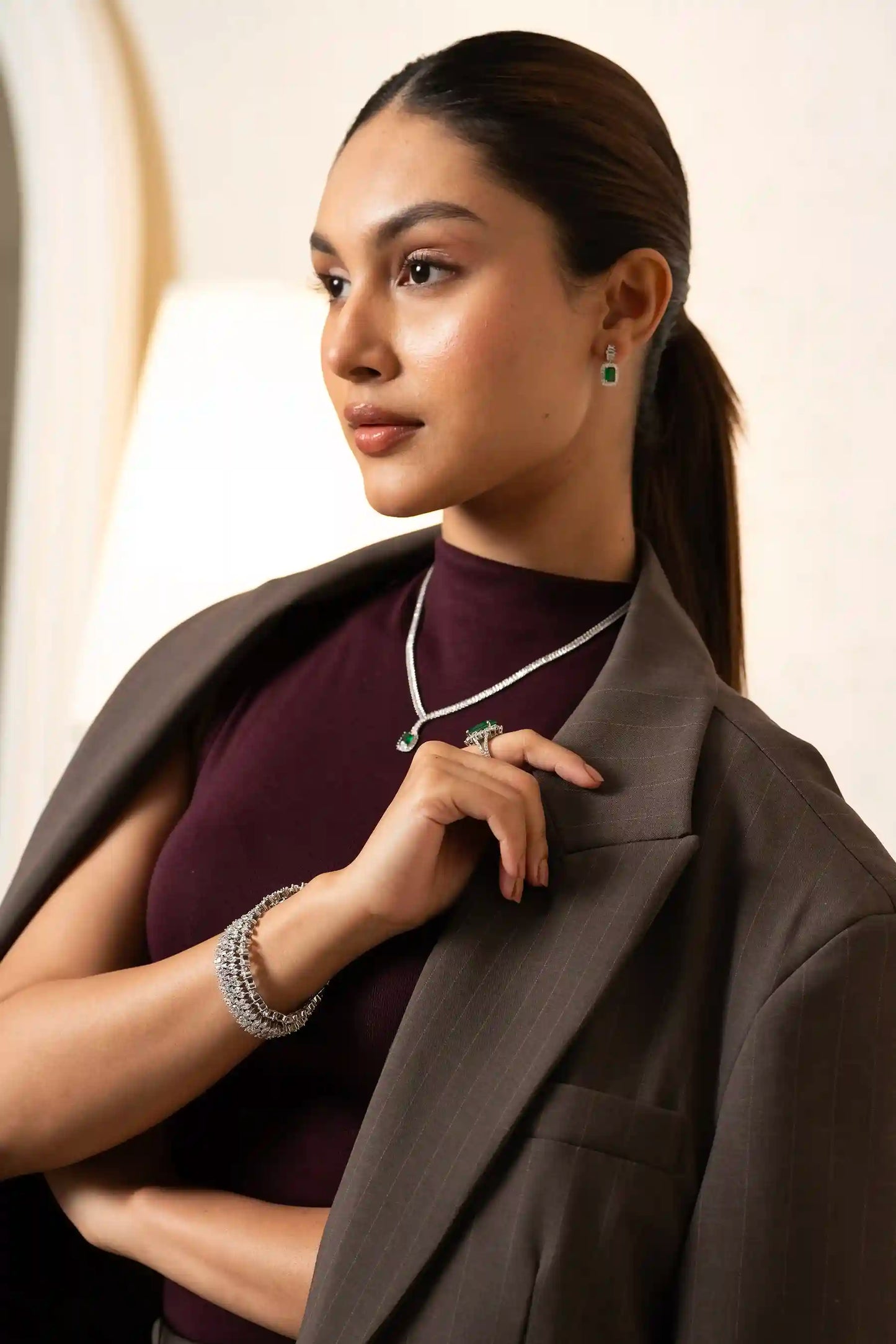 Emerald Teardrop Pendant Necklace Set