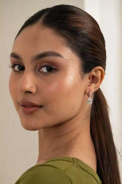 Stylish hoop earring with square crystal pendant, contemporary women’s fashion accessory