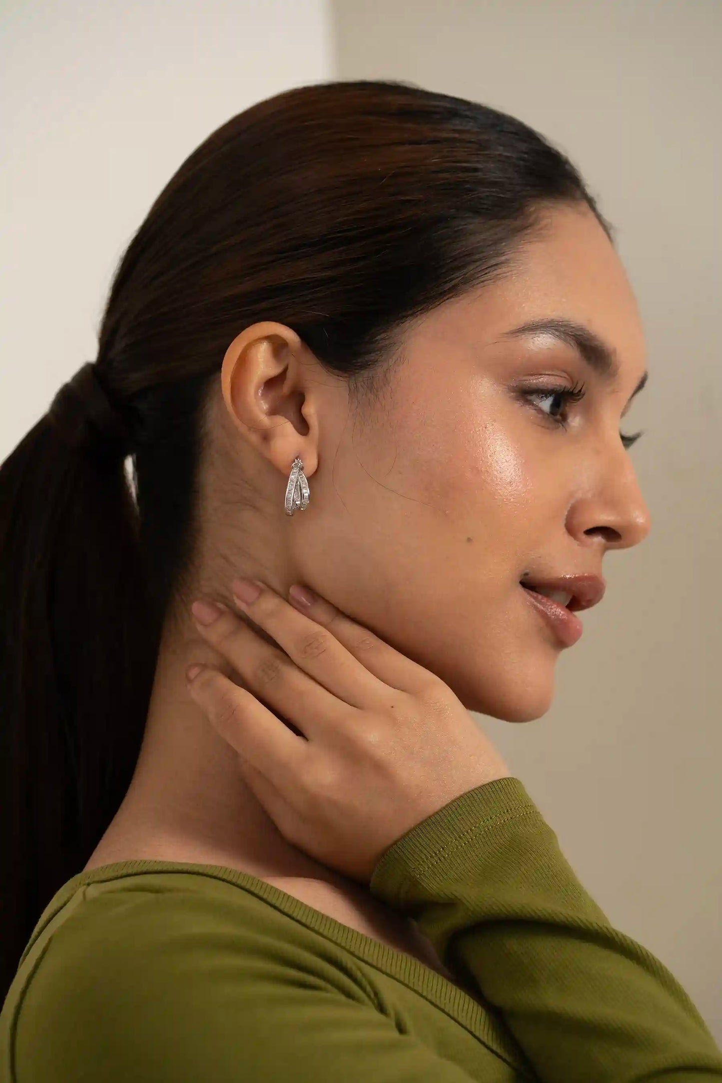 Stylish double hoop diamond earring with baguette stones, contemporary women’s jewelry accessory