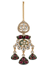 Aisha Bridal Ruby Green Multicoloured Stones SP Polki Maang Tika with Basra Pearls
