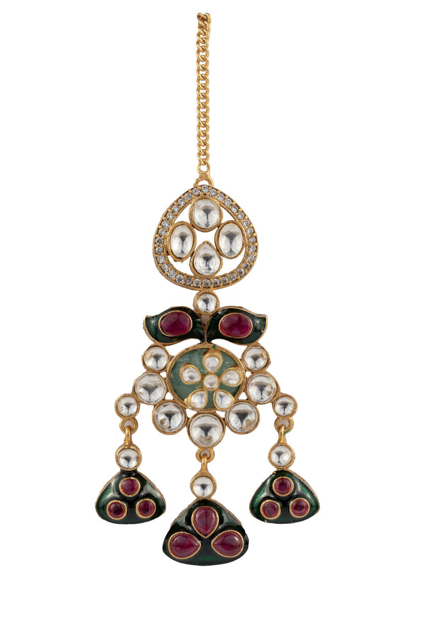 Aisha Bridal Ruby Green Multicoloured Stones SP Polki Maang Tika with Basra Pearls
