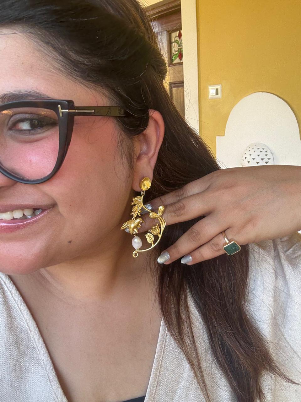 Golden Bird & Pearl Statement Earrings