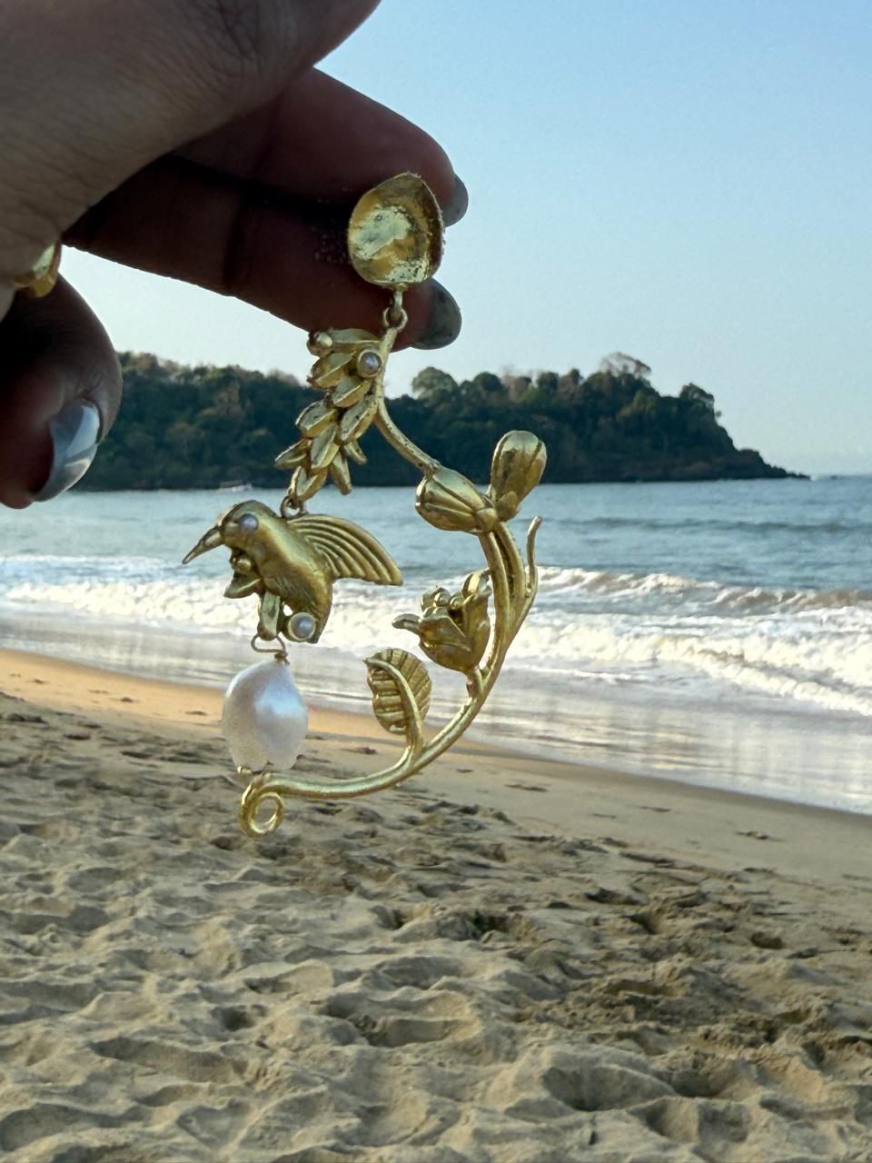 Golden Bird & Pearl Statement Earrings
