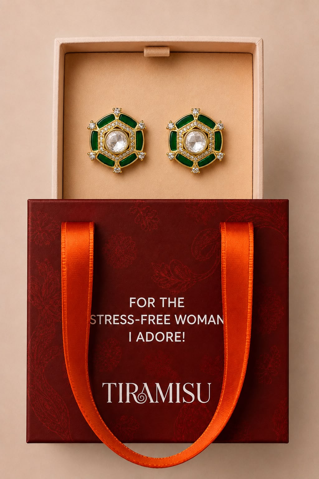 Green Emerald Royale Polki Stud Earrings Gift Box