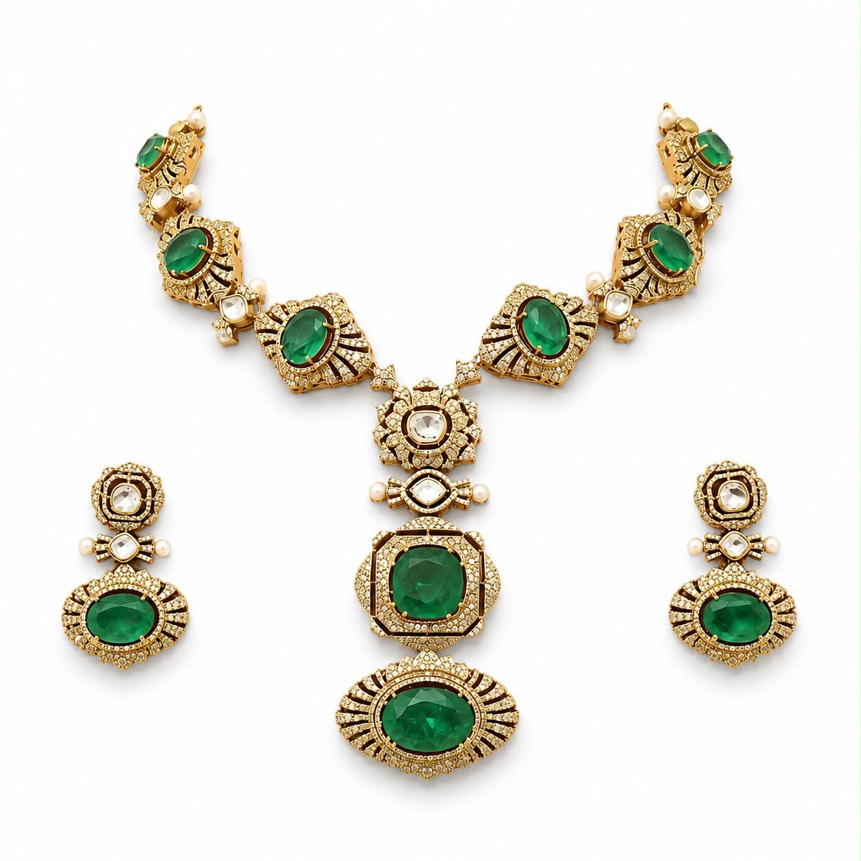 Rajwada Emerald Polki Statement Necklace Set