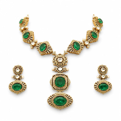Rajwada Emerald Polki Statement Necklace Set