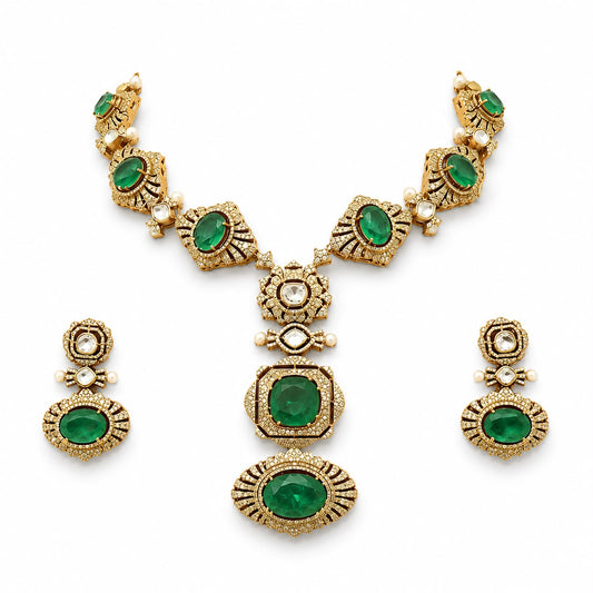 Rajwada Emerald Polki Statement Necklace Set
