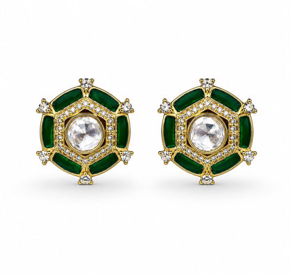 Green Emerald Royale Polki Stud Earrings Gift Box