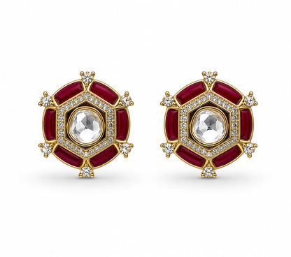 Red Emerald Royale Polki Stud Earrings Gift Box