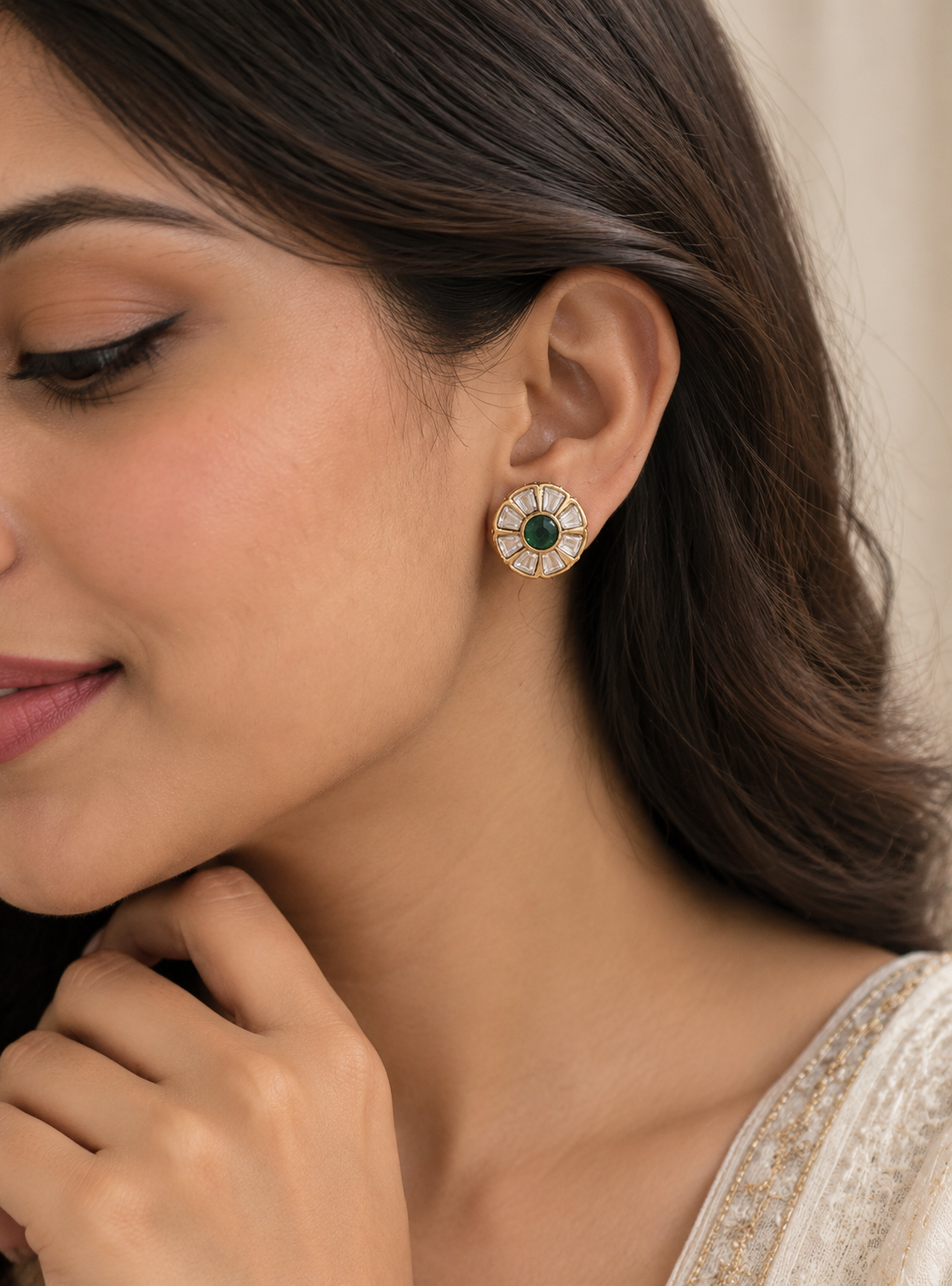 Green Emerald Sunburst Polki Stud Earrings