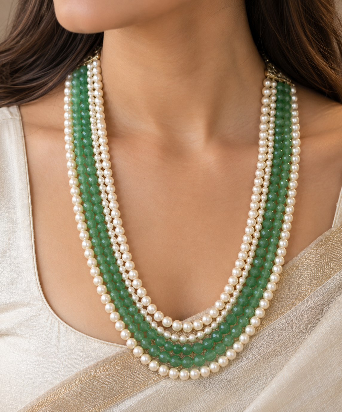 Emerald Green & Pearl Layered Mala Necklace