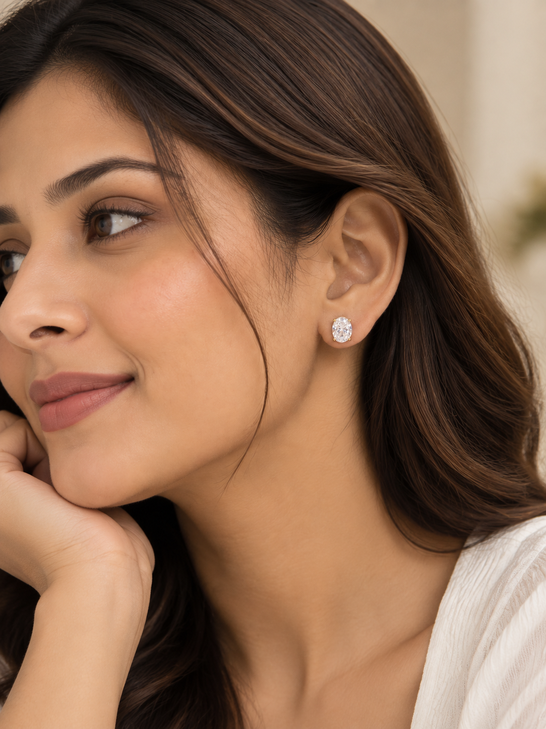 Single Diamond Oval Solitaire Stud Earrings Gift Box