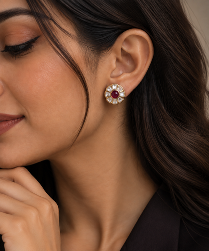Red Emerald Sunburst Polki Stud Earrings