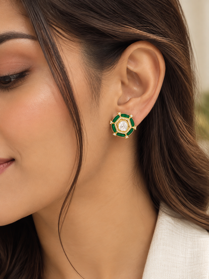 Green Emerald Royale Polki Stud Earrings Gift Box