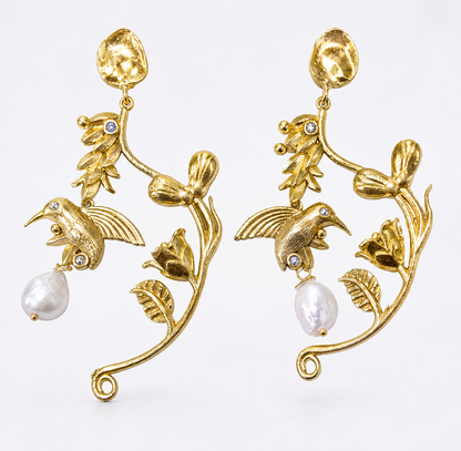 Golden Bird & Pearl Statement Earrings