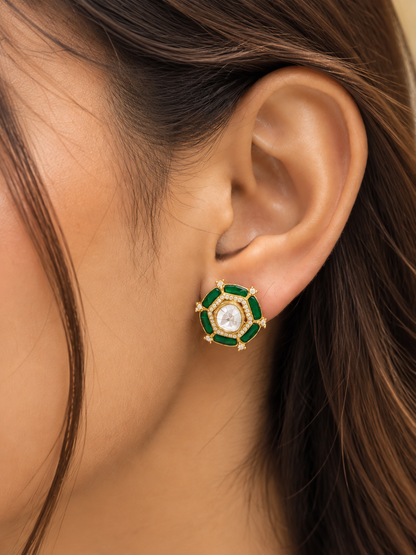 Green Emerald Royale Polki Stud Earrings Gift Box