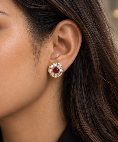 Red Emerald Sunburst Polki Stud Earrings