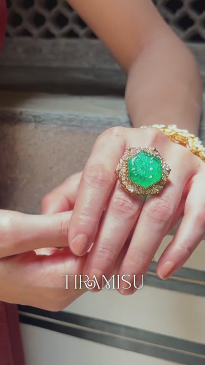 Nia Carved Emerald Halo Statement Ring