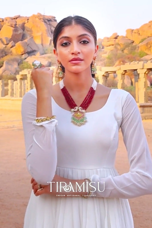 Fariha Red Beaded Octagon SP Polki Necklace Set