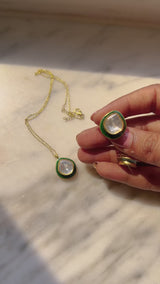 Vani Green Enamel Single Polki Earrings with Pendant and Chain