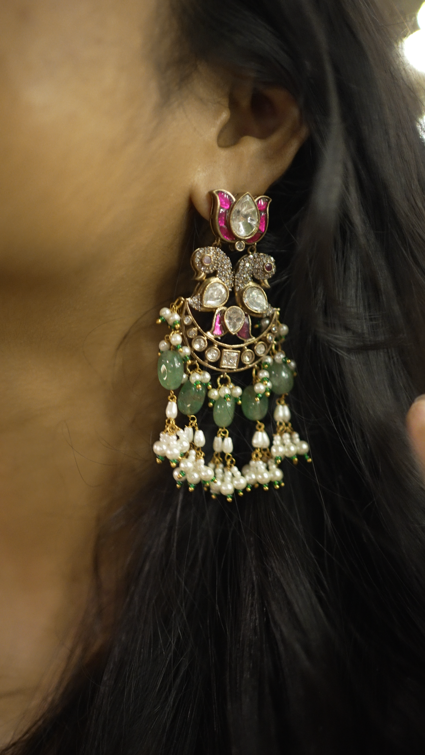 MUKTA KUNDAN JHUMKA GREEN BASRA PEARLS SP POLKI EARRINGS